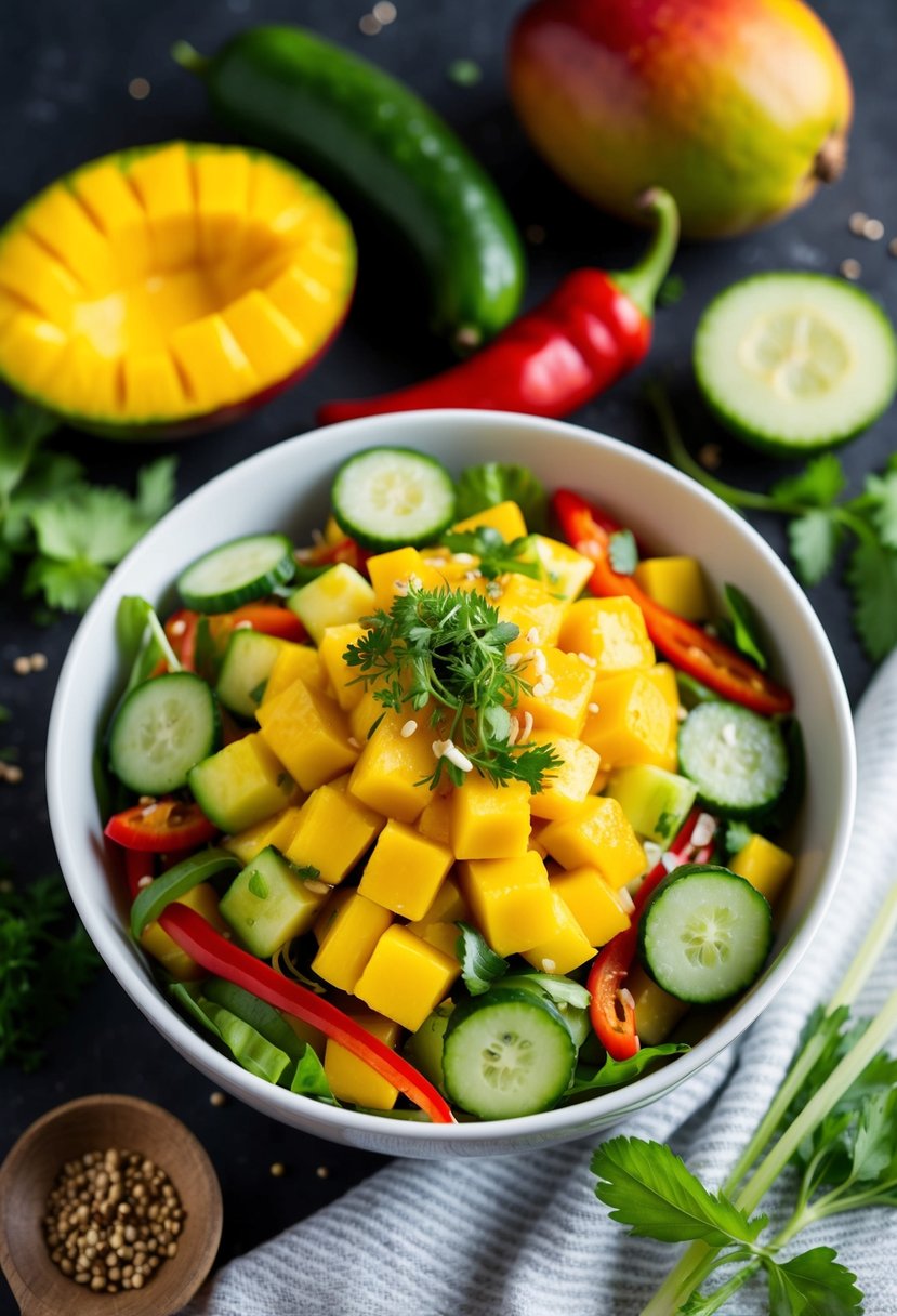 A colorful bowl of Spicy Thai Mango Salad surrounded by fresh ingredients like mango, cucumber, red pepper, and herbs