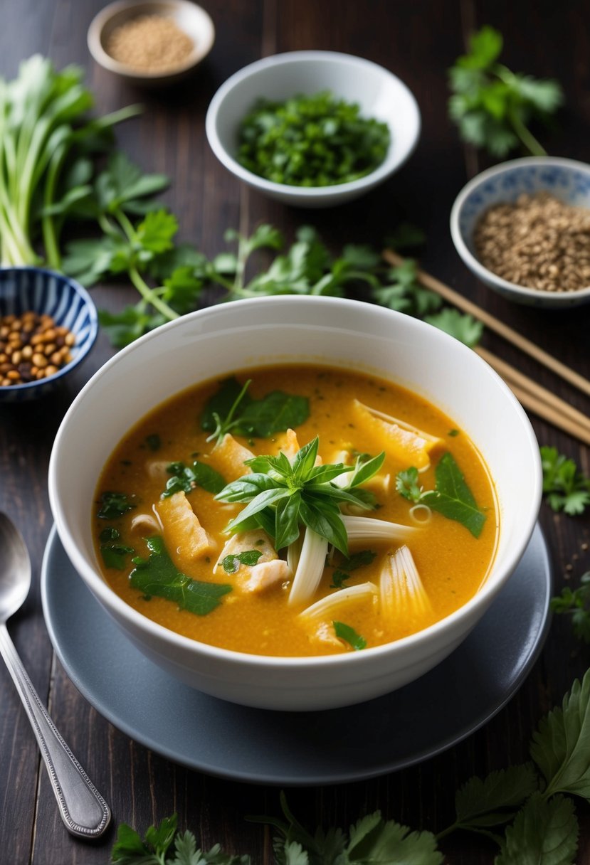 A steaming bowl of Vegan Tom Yum Soup surrounded by Thai herbs and spices