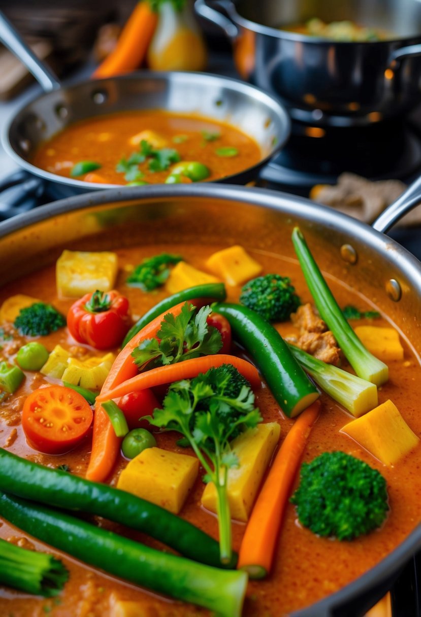 A colorful array of fresh vegetables simmering in a fragrant red curry sauce in a traditional Thai kitchen