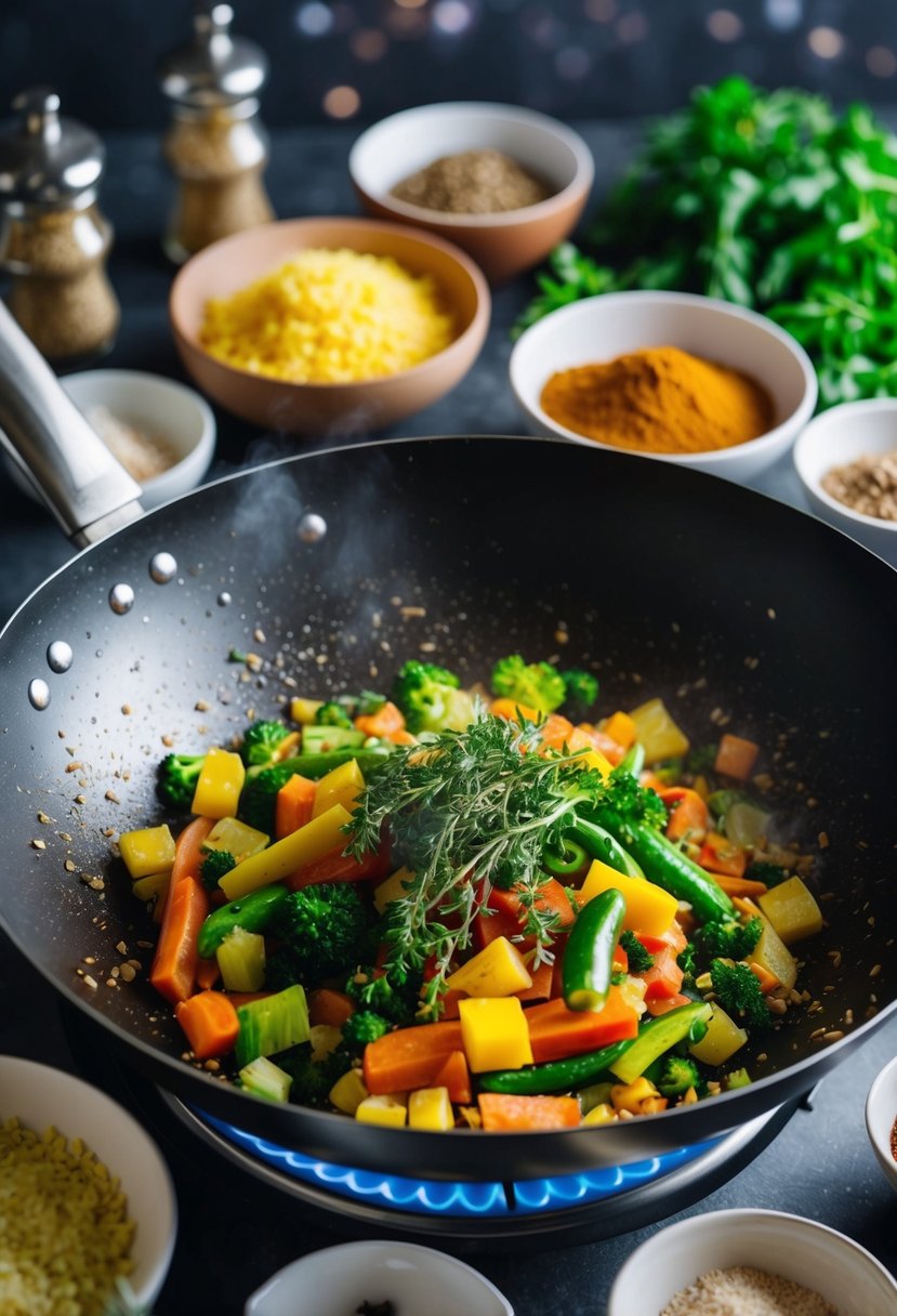 A sizzling wok filled with colorful vegetables and aromatic herbs, surrounded by bowls of fresh ingredients and spices