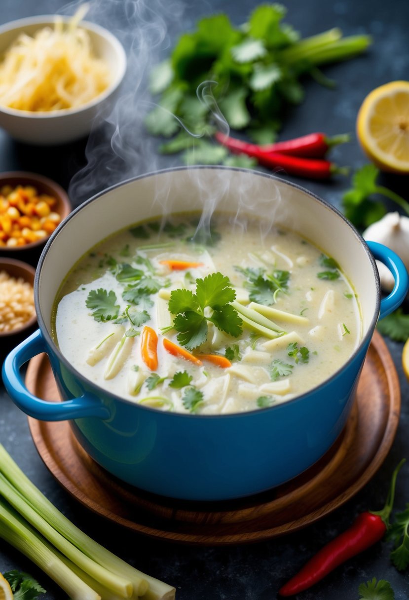 A steaming pot of vegan Thai coconut soup surrounded by fresh ingredients like lemongrass, chili peppers, and cilantro