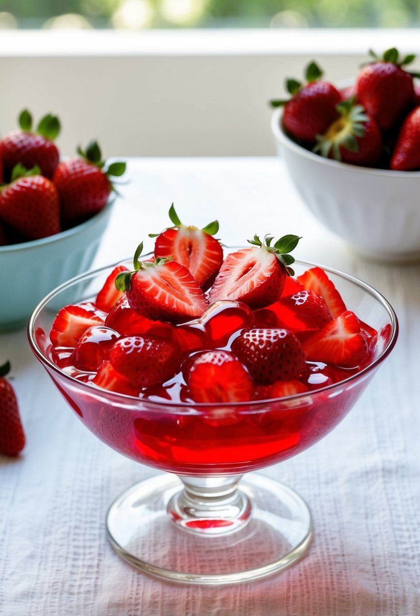 A glass bowl filled with bright red strawberry jello salad, topped with sliced strawberries and set on a white tablecloth