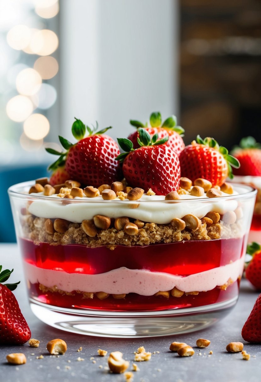 A glass dish filled with layers of strawberry jello, creamy filling, and crushed pretzel crust, topped with fresh strawberries