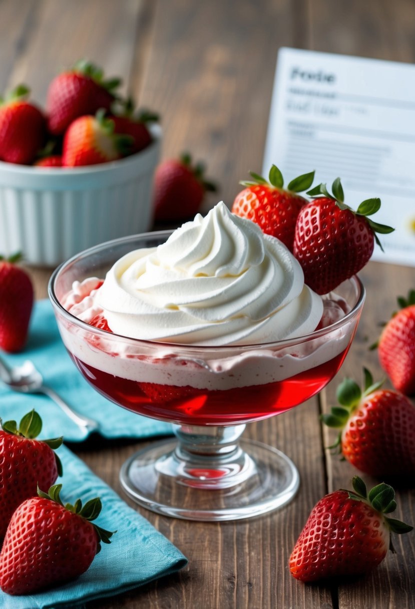 A glass bowl filled with Cool Whip and Strawberry Jello mix, surrounded by fresh strawberries and a recipe card