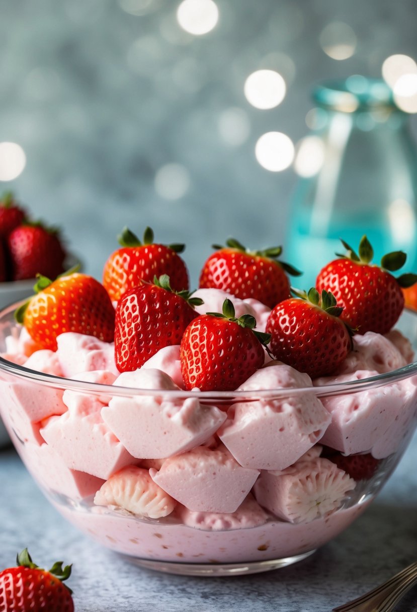 A glass bowl filled with fluffy pink jello salad, topped with fresh strawberries