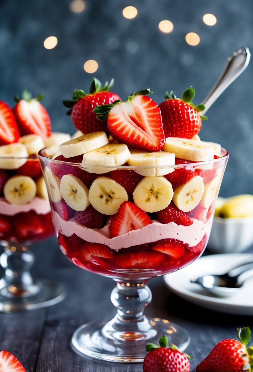 A glass bowl filled with layers of strawberry and banana jello salad, topped with fresh strawberry slices