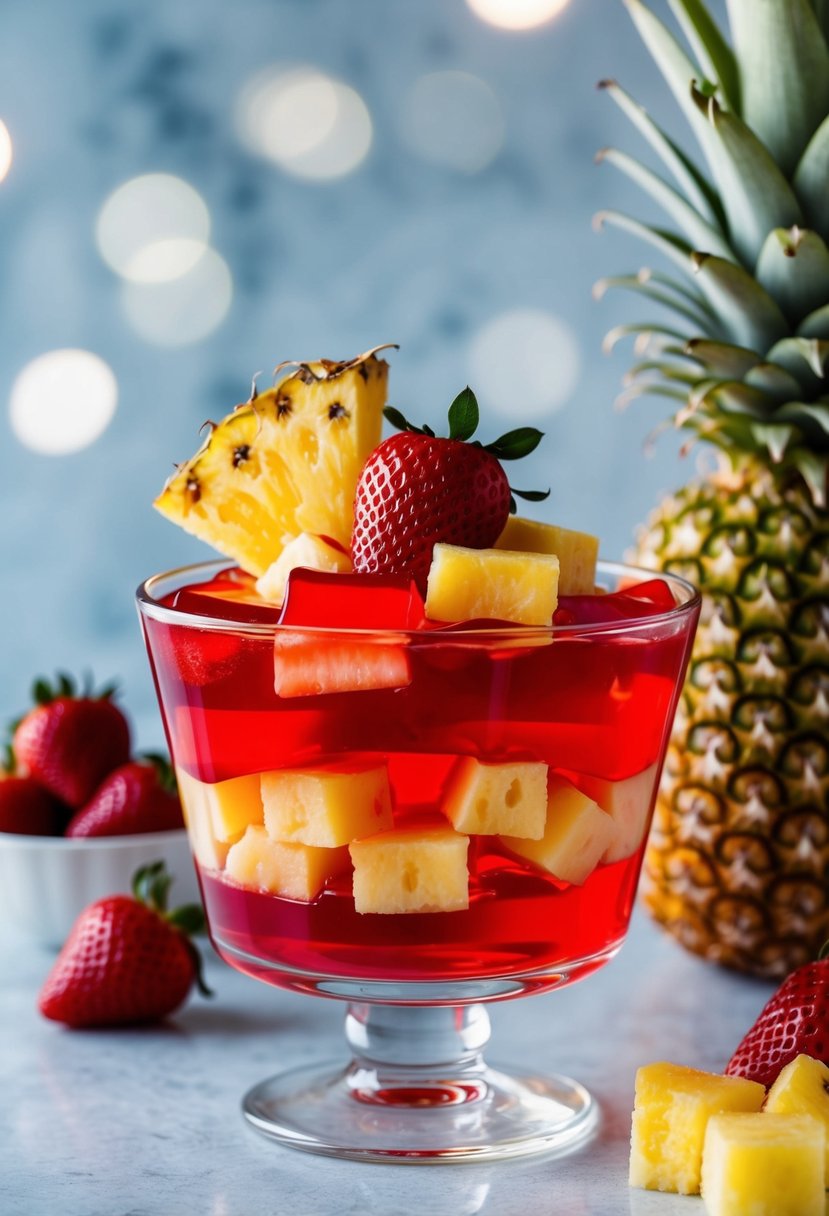 A glass bowl filled with layers of vibrant red strawberry Jello and chunks of juicy pineapple, garnished with a twist of pineapple on top