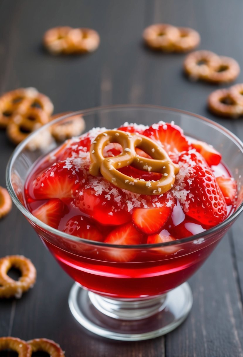 A glass bowl filled with layers of sweet strawberry jello, topped with a sprinkle of crunchy, salty pretzels