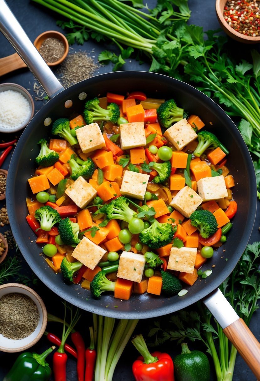 A colorful array of fresh vegetables and tofu sizzling in a stir-fry pan, surrounded by a variety of herbs and spices