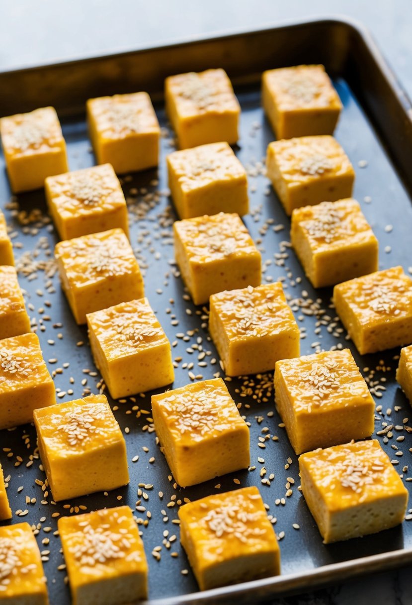 Golden tofu cubes sprinkled with sesame seeds on a baking sheet