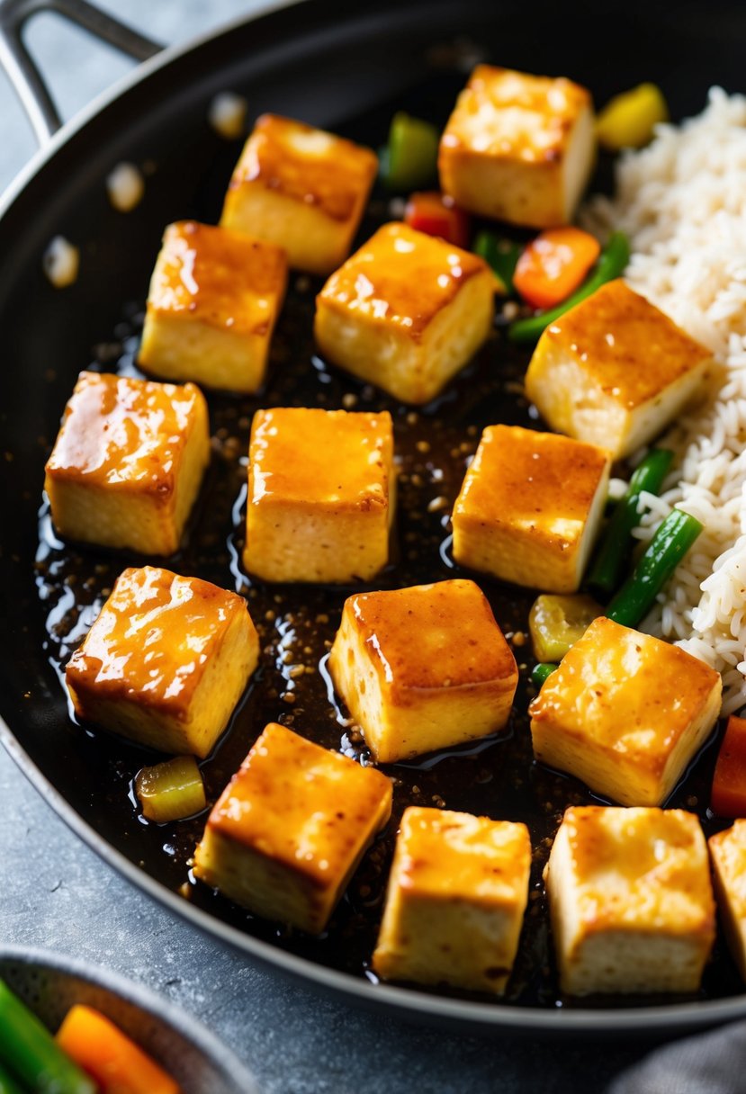 A sizzling pan of golden-brown tofu cubes coated in a sticky honey garlic sauce, surrounded by colorful vegetables and steaming rice