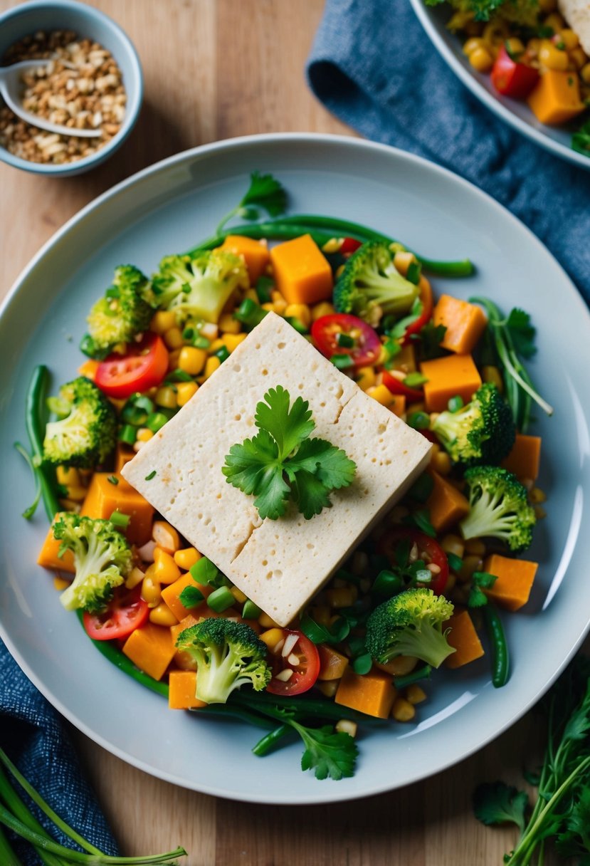 A plate with a beautifully arranged vegan dinner featuring tofu as the main ingredient, surrounded by colorful vegetables and garnishes