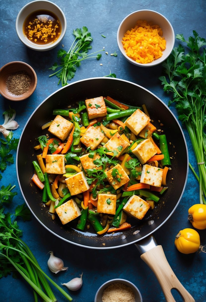 A sizzling skillet of tofu stir fry with garlic sesame sauce, surrounded by vibrant, colorful vegetables and aromatic herbs