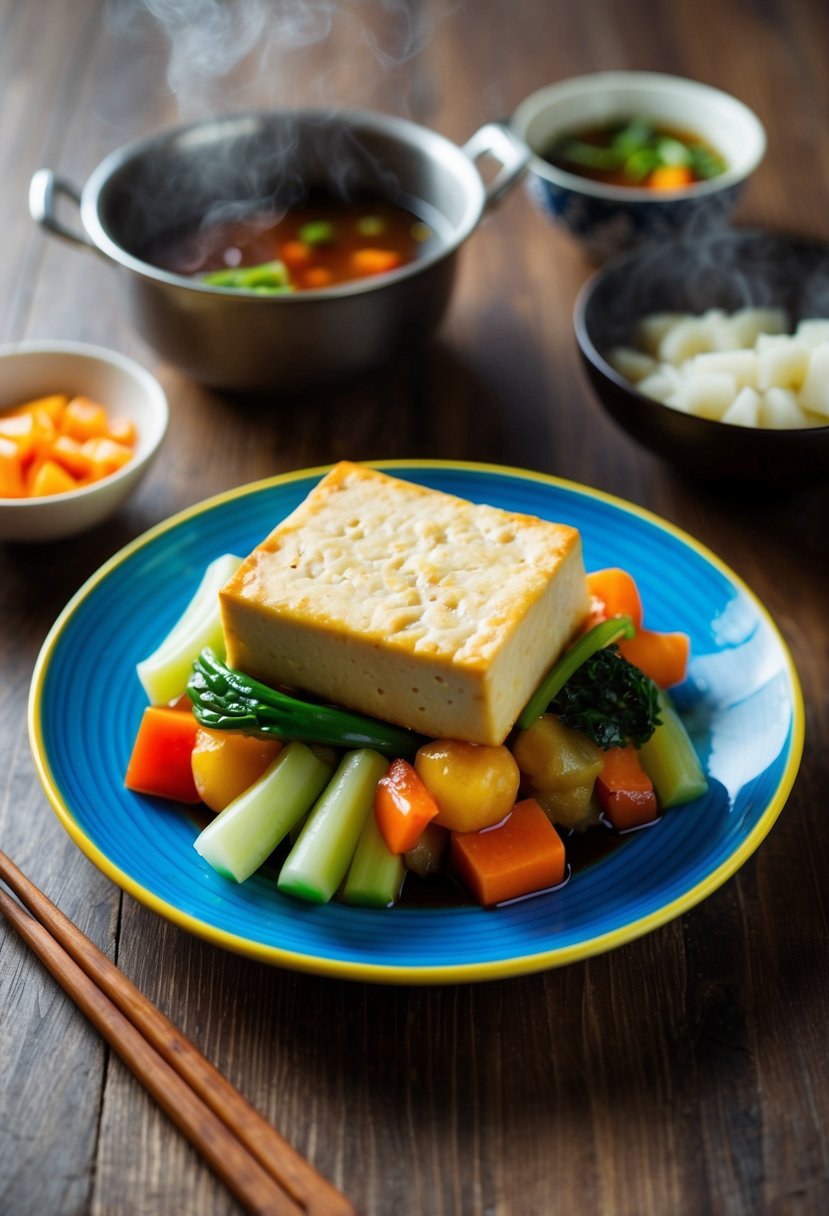 A colorful plate of sweet and sour tofu with a variety of vegetables, steaming and ready to be served