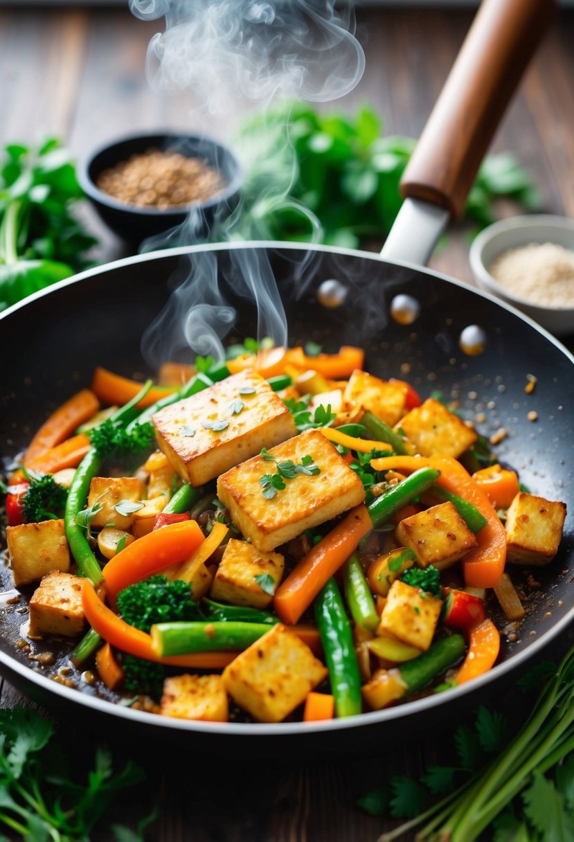 A sizzling pan of colorful veggies and tofu stir-fry, steam rising, surrounded by fresh herbs and spices