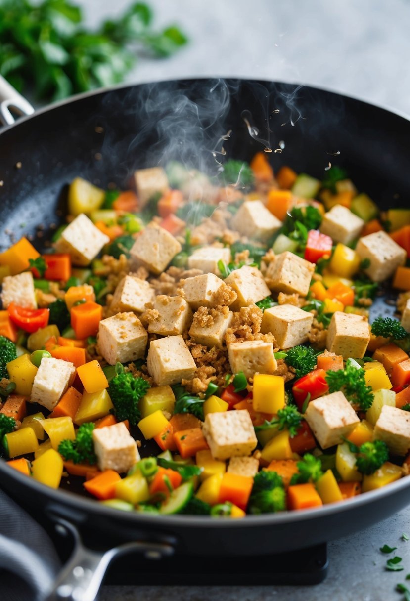 A colorful array of diced veggies and crumbled tofu sizzling in a skillet, emitting a mouthwatering aroma of herbs and spices