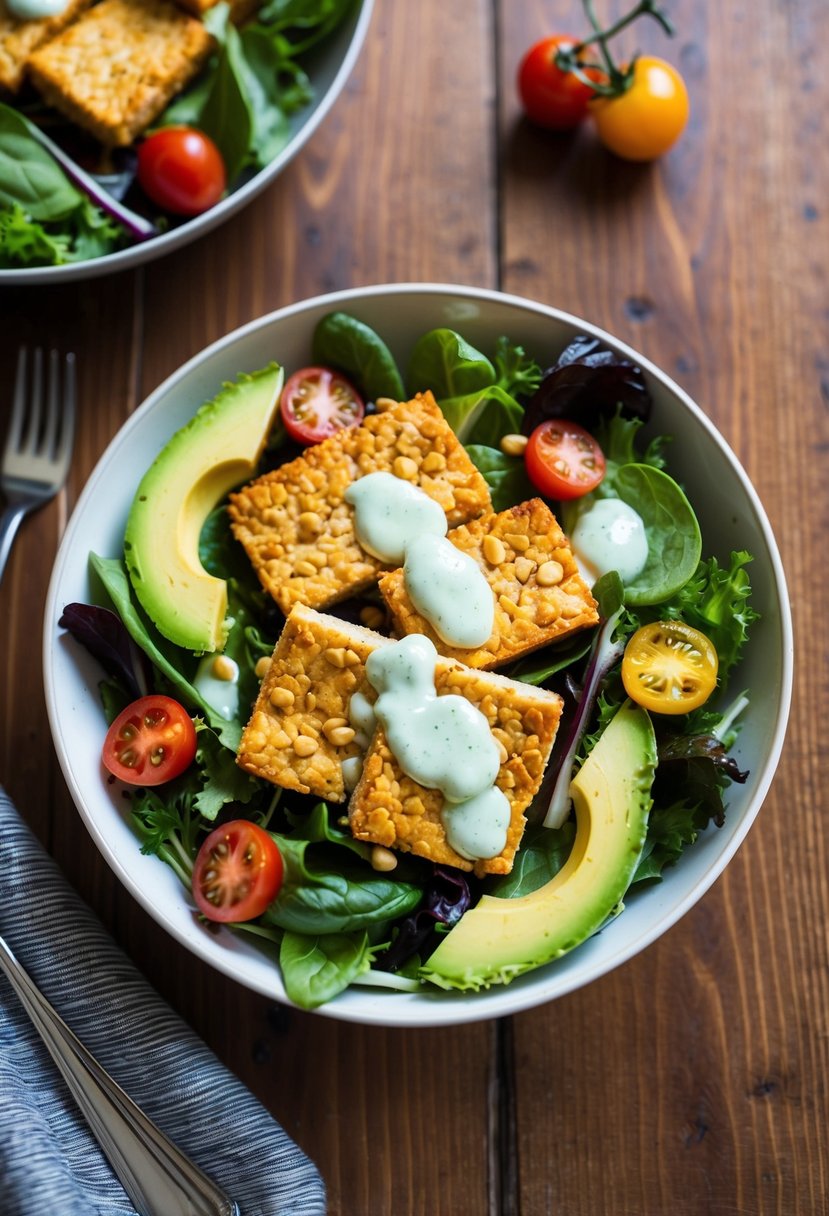 A colorful salad bowl with crispy baked tofu, mixed greens, cherry tomatoes, avocado, and a drizzle of vinaigrette on a wooden table