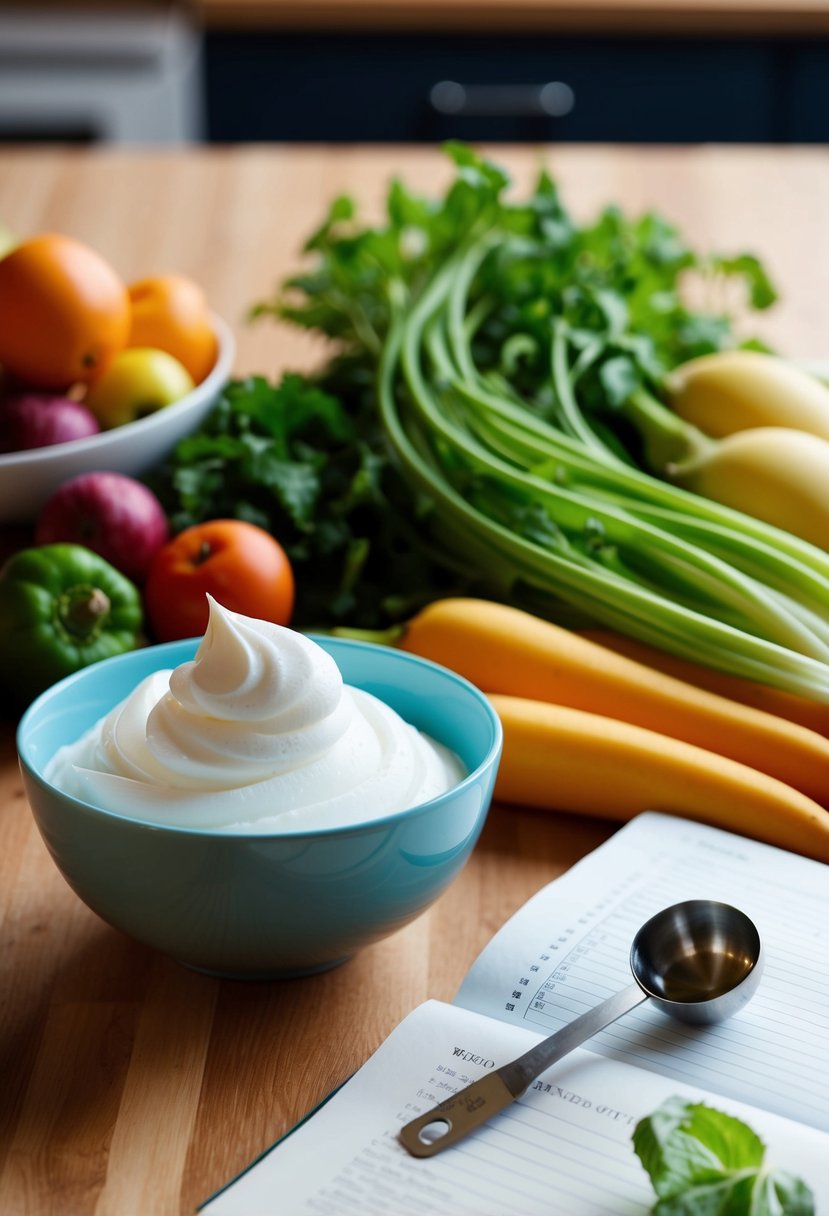 A bowl of whipped egg whites sits next to a pile of fresh fruits and vegetables, with a measuring spoon and healthy recipe book nearby