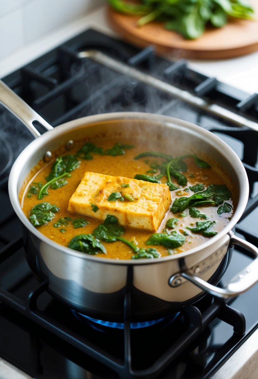 A steaming pot of tofu curry with spinach simmering on a stovetop