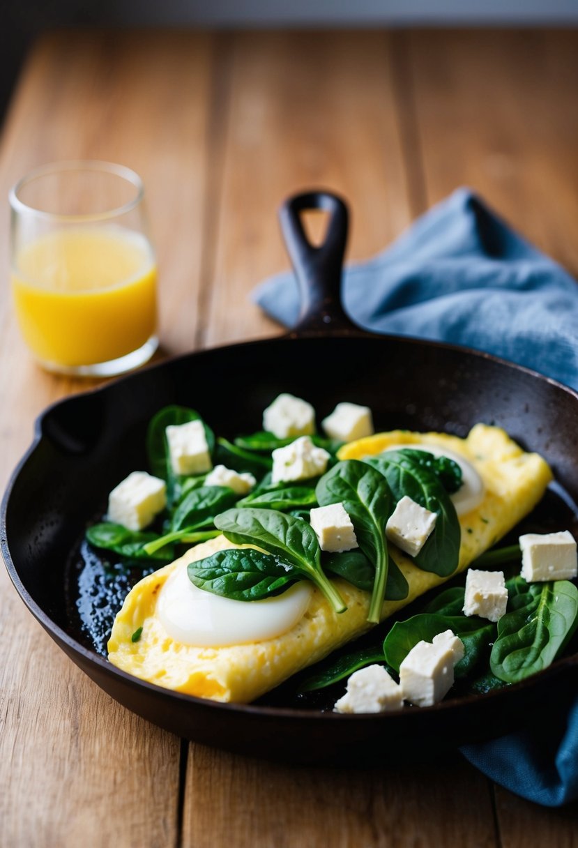 A sizzling skillet with a fluffy egg white omelette filled with vibrant green spinach and creamy feta cheese