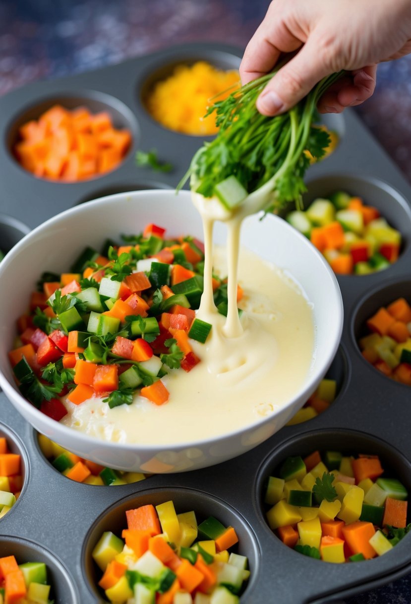 A colorful array of diced vegetables being mixed into a bowl of frothy egg whites, ready to be poured into muffin tins