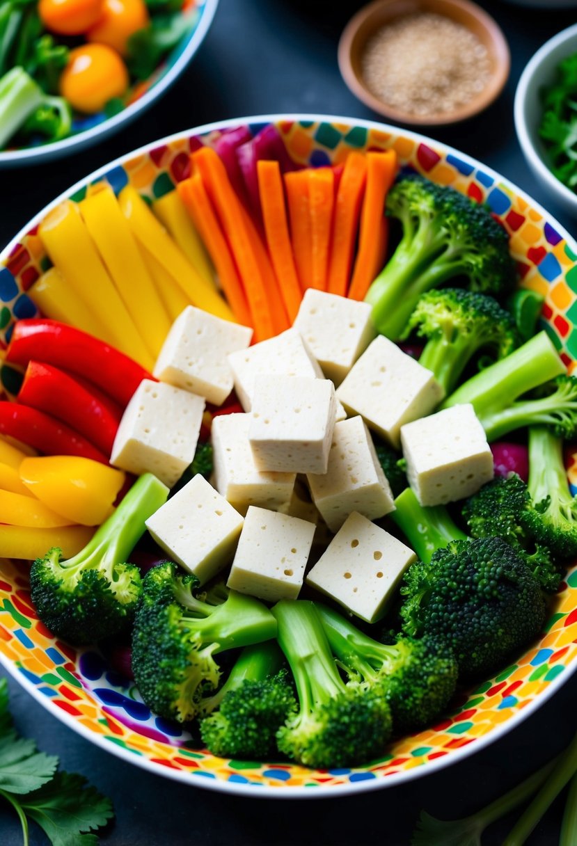 A colorful bowl filled with cubes of tofu, steamed broccoli florets, and a variety of vibrant vegetables, all arranged in an artful and appetizing display