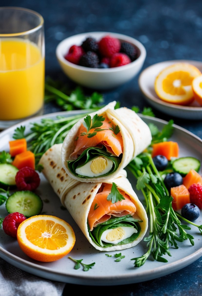 A plate of egg white wraps filled with smoked salmon, surrounded by fresh herbs and colorful vegetables, with a side of mixed berries and a glass of orange juice