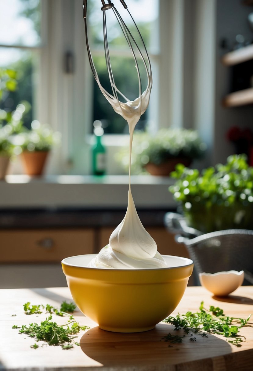 A bowl of whipped egg whites with scattered herbs in a sunny kitchen