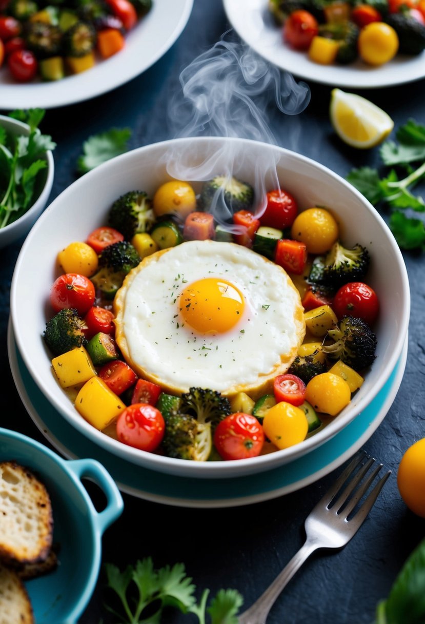 A colorful array of roasted vegetables surrounds a fluffy egg white frittata, steam rising from the dish