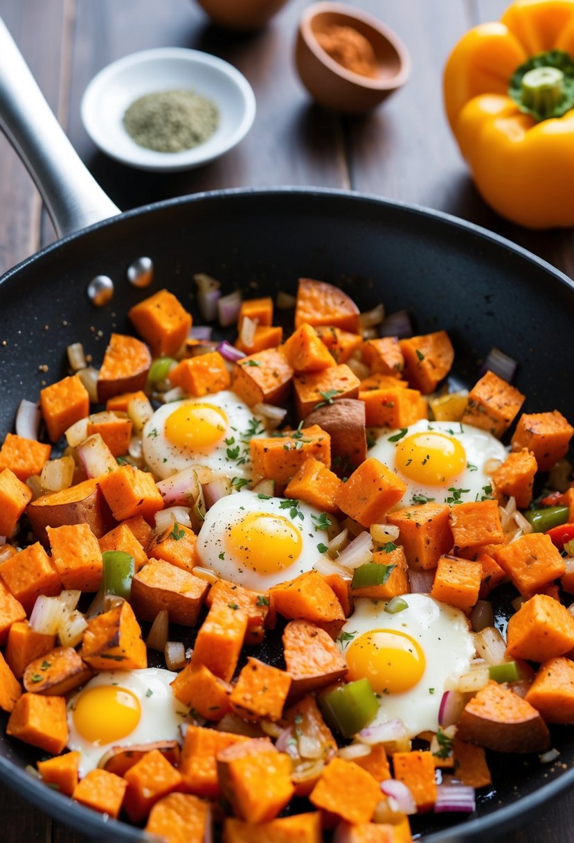 A skillet sizzling with diced sweet potatoes, onions, and bell peppers, mixed with fluffy egg whites, seasoned with herbs and spices