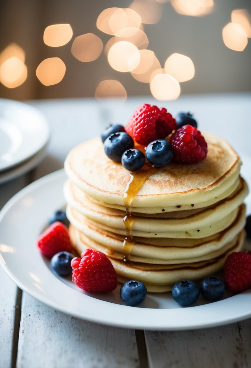 Fluffy pancakes topped with fresh berries on a white plate