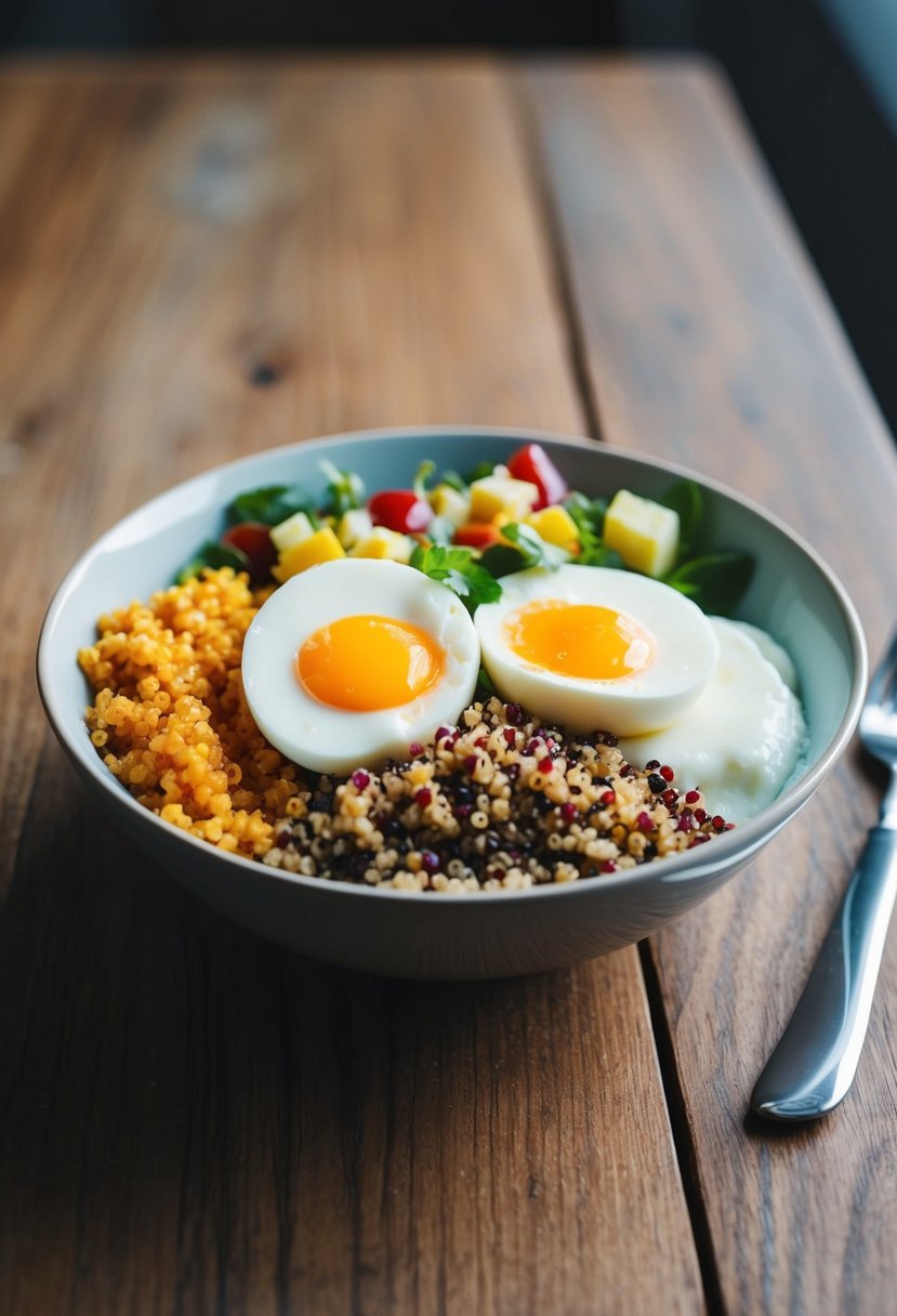 A breakfast bowl with fluffy egg whites, quinoa, and colorful toppings arranged on a wooden table