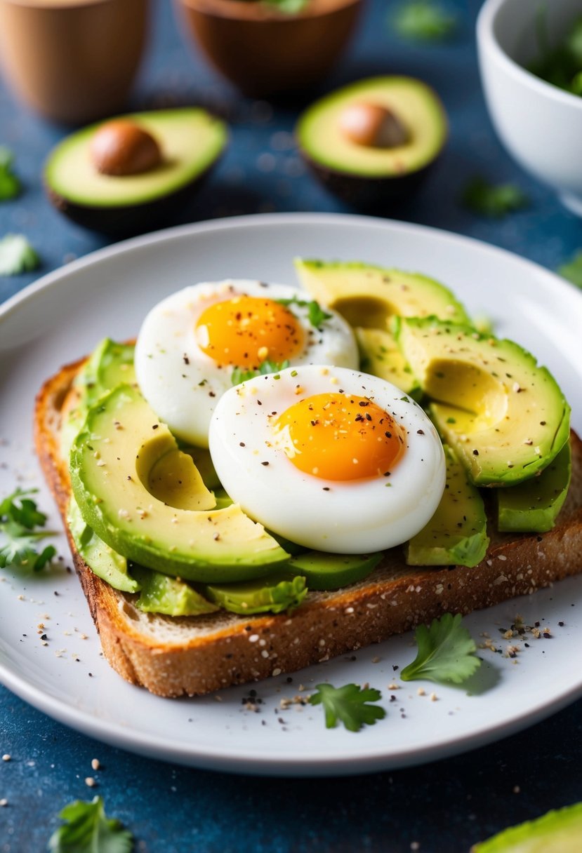 A plate of avocado toast topped with fluffy egg whites, surrounded by fresh ingredients and a sprinkle of seasoning