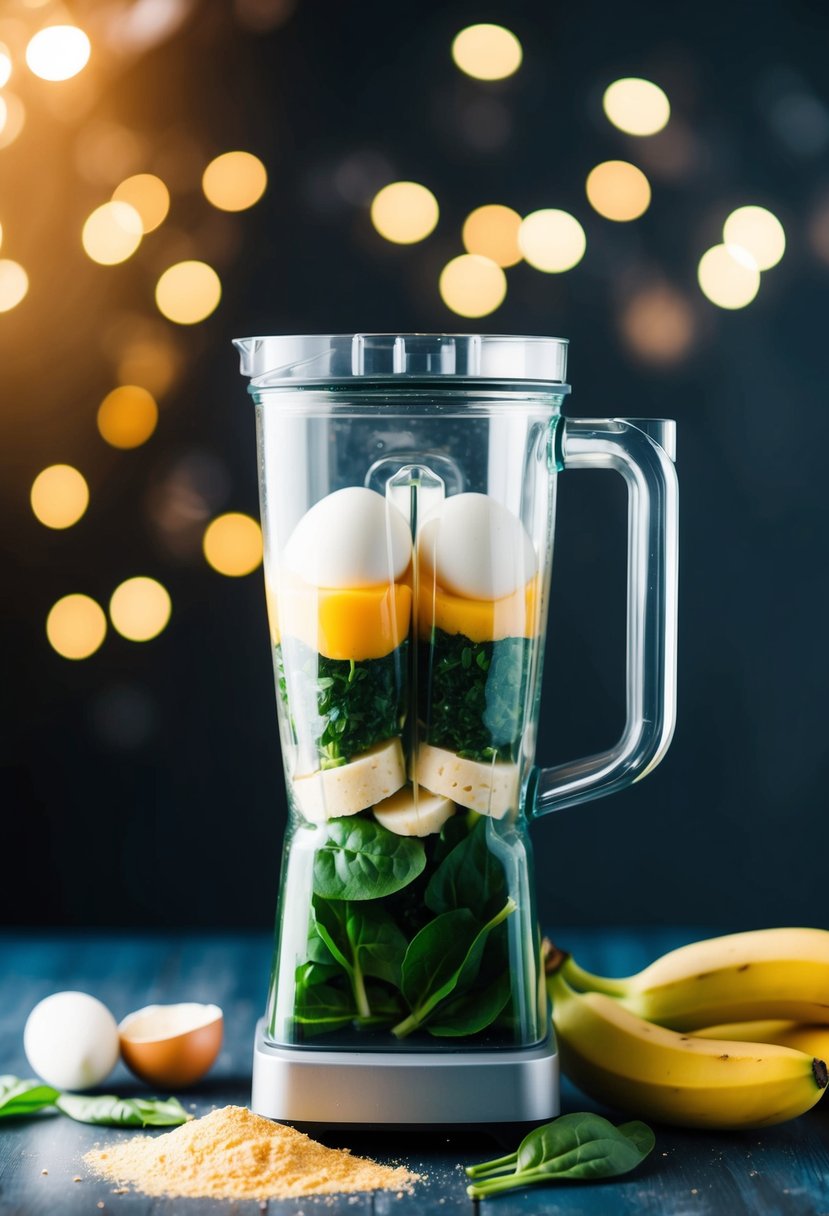 A blender filled with egg whites, banana, spinach, and protein powder. Ingredients scattered around