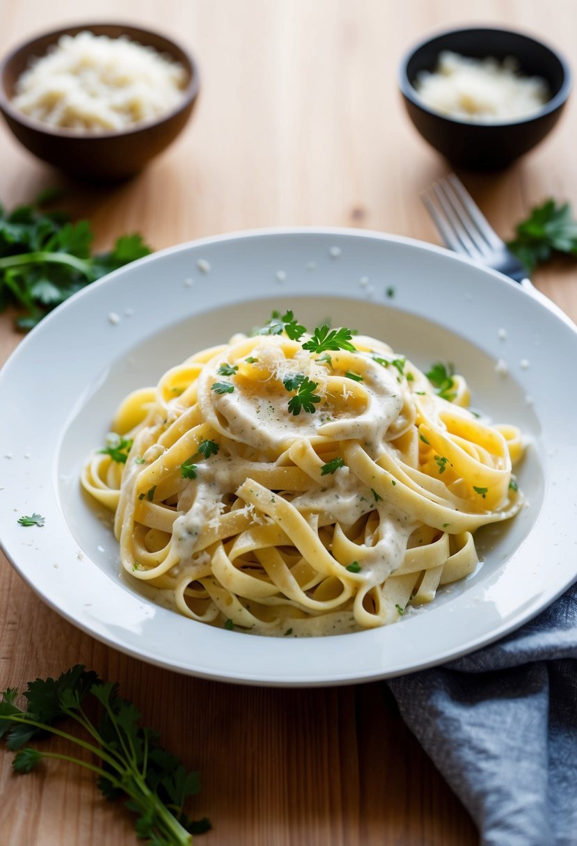 A steaming plate of fettucine pasta topped with creamy alfredo sauce, garnished with fresh herbs and grated parmesan cheese