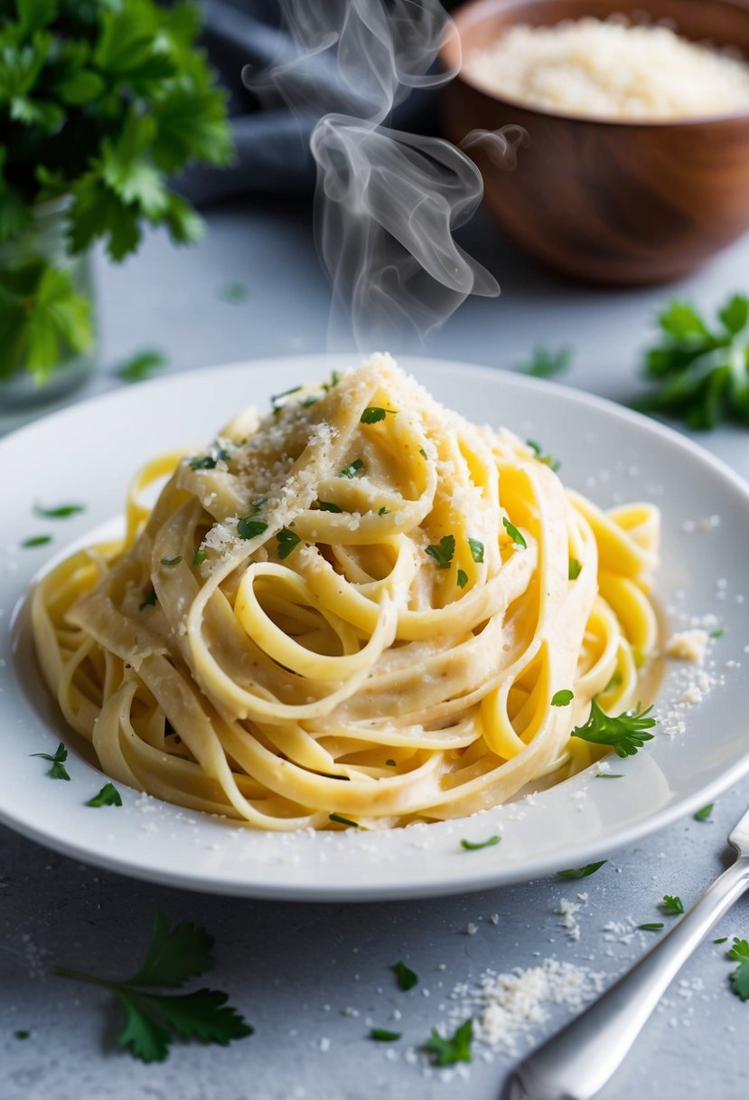 A steaming plate of fettuccine pasta coated in creamy Alfredo sauce, garnished with freshly grated Parmesan cheese and a sprinkle of chopped parsley