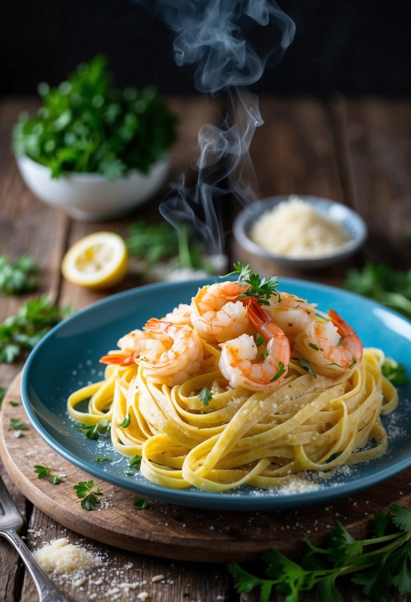 A steaming plate of shrimp fettuccine sits on a rustic wooden table, surrounded by fresh herbs and a scattering of parmesan cheese