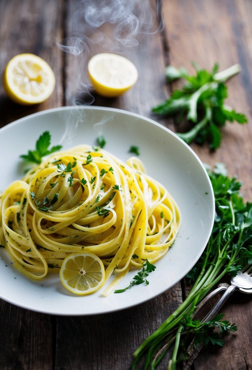 A steaming plate of Lemon Herb Fettuccine with fresh herbs and lemon slices on a rustic wooden table