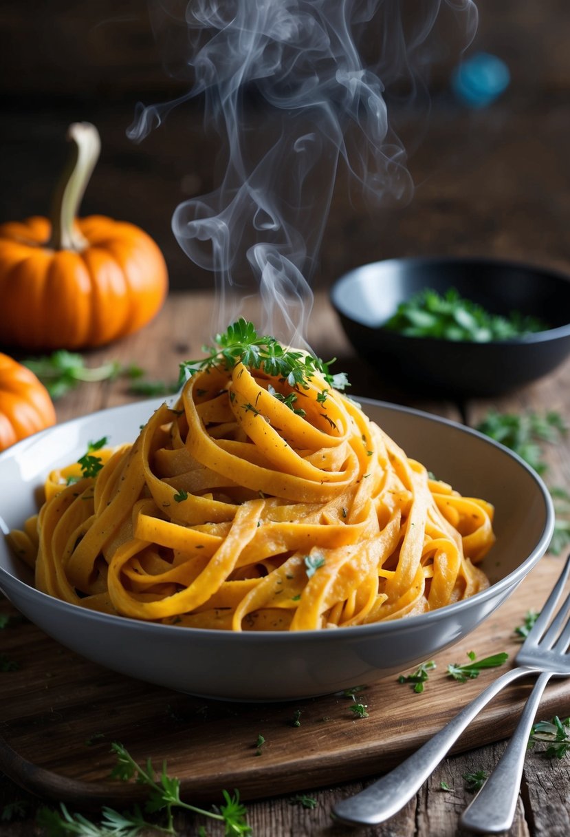 A steaming bowl of creamy pumpkin fettucine pasta garnished with fresh herbs on a rustic wooden table