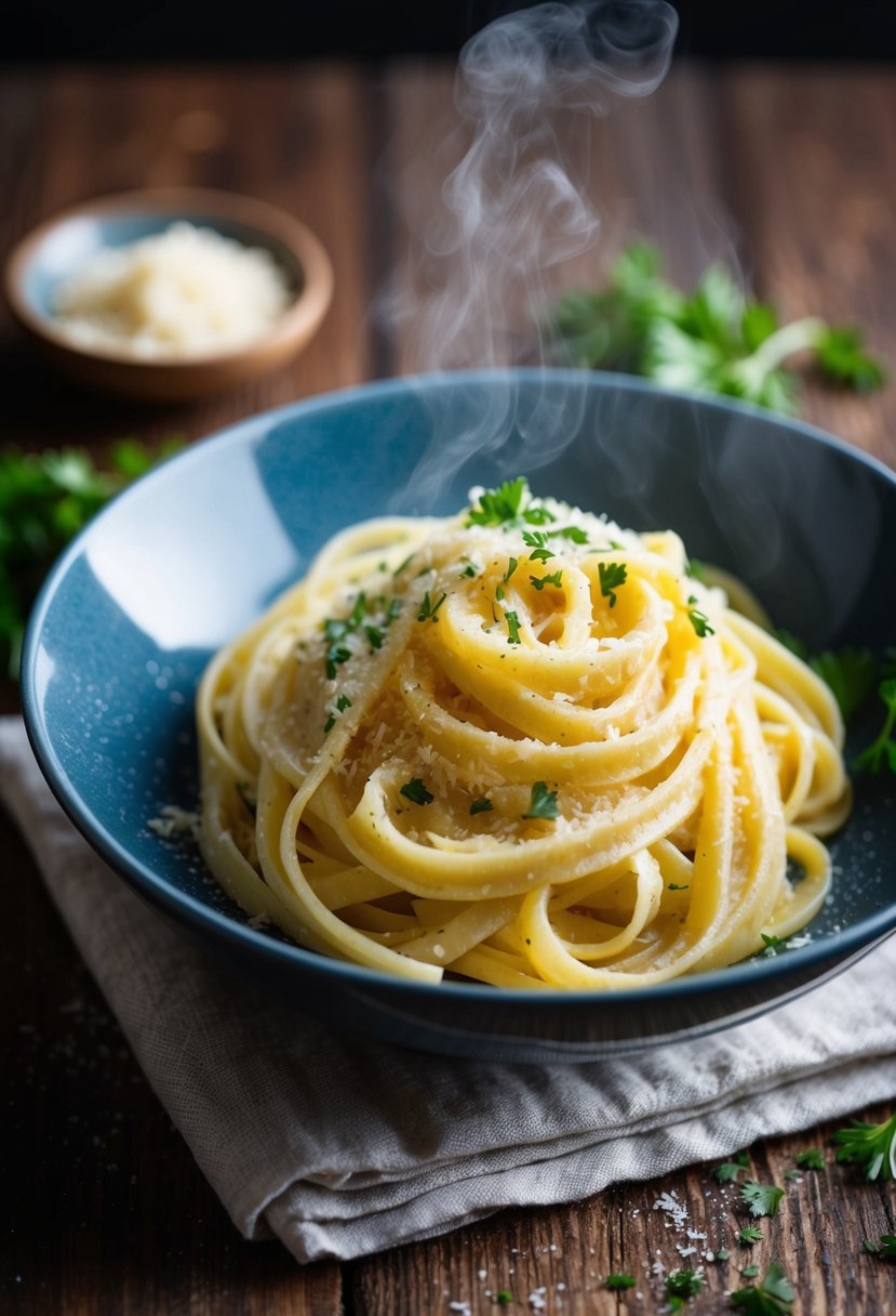 A steaming bowl of Garlic Parmesan Fettuccine, topped with freshly grated cheese and sprinkled with chopped parsley, sits on a rustic wooden table