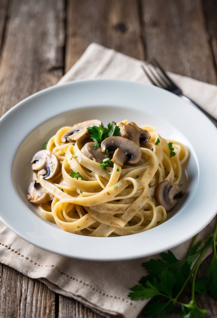 A steaming plate of creamy mushroom fettuccine, garnished with fresh parsley, sits on a rustic wooden table