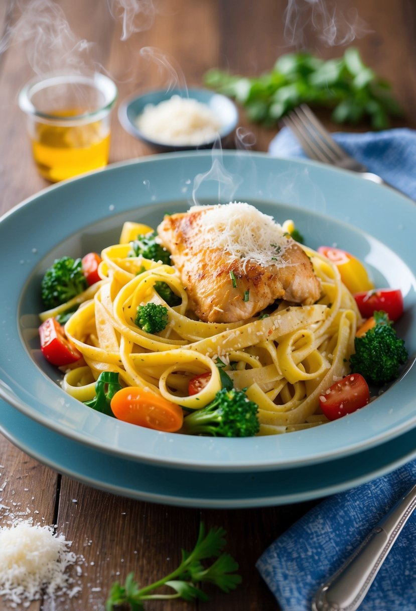 A steaming plate of Chicken Fettuccine Primavera surrounded by colorful vegetables and topped with freshly grated Parmesan cheese