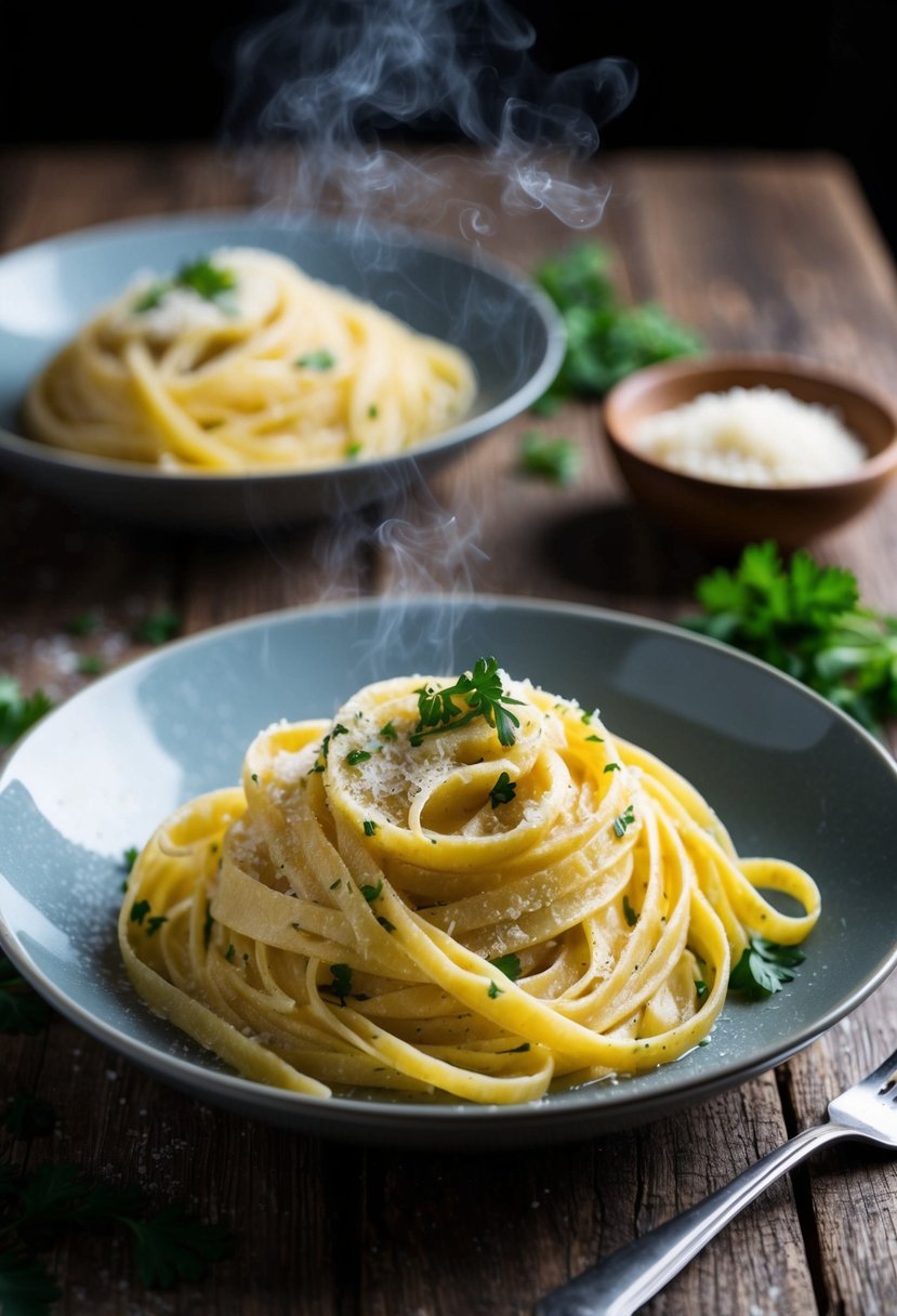 A steaming plate of truffle oil fettuccine, garnished with freshly grated parmesan and chopped parsley, sits on a rustic wooden table