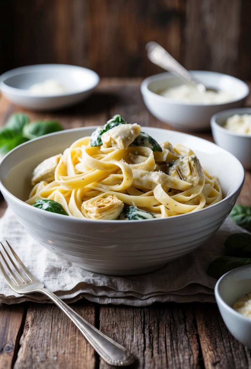 A creamy fettucine pasta dish with spinach, artichokes, and Alfredo sauce in a white ceramic bowl on a rustic wooden table