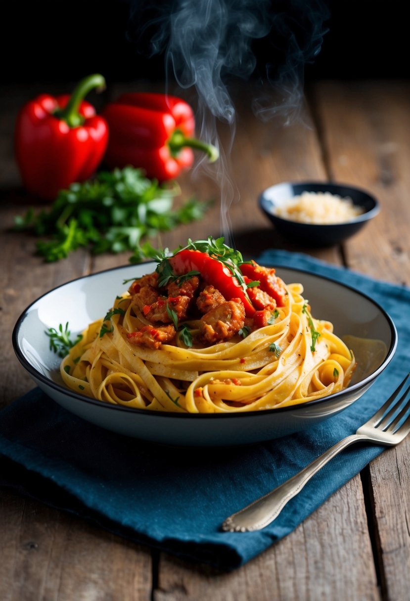 A steaming plate of Spicy Cajun Fettuccine, topped with vibrant red peppers and fresh green herbs, sits on a rustic wooden table