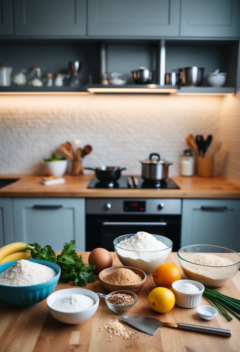 A kitchen counter with various ingredients and utensils laid out to make a healthy cake mix