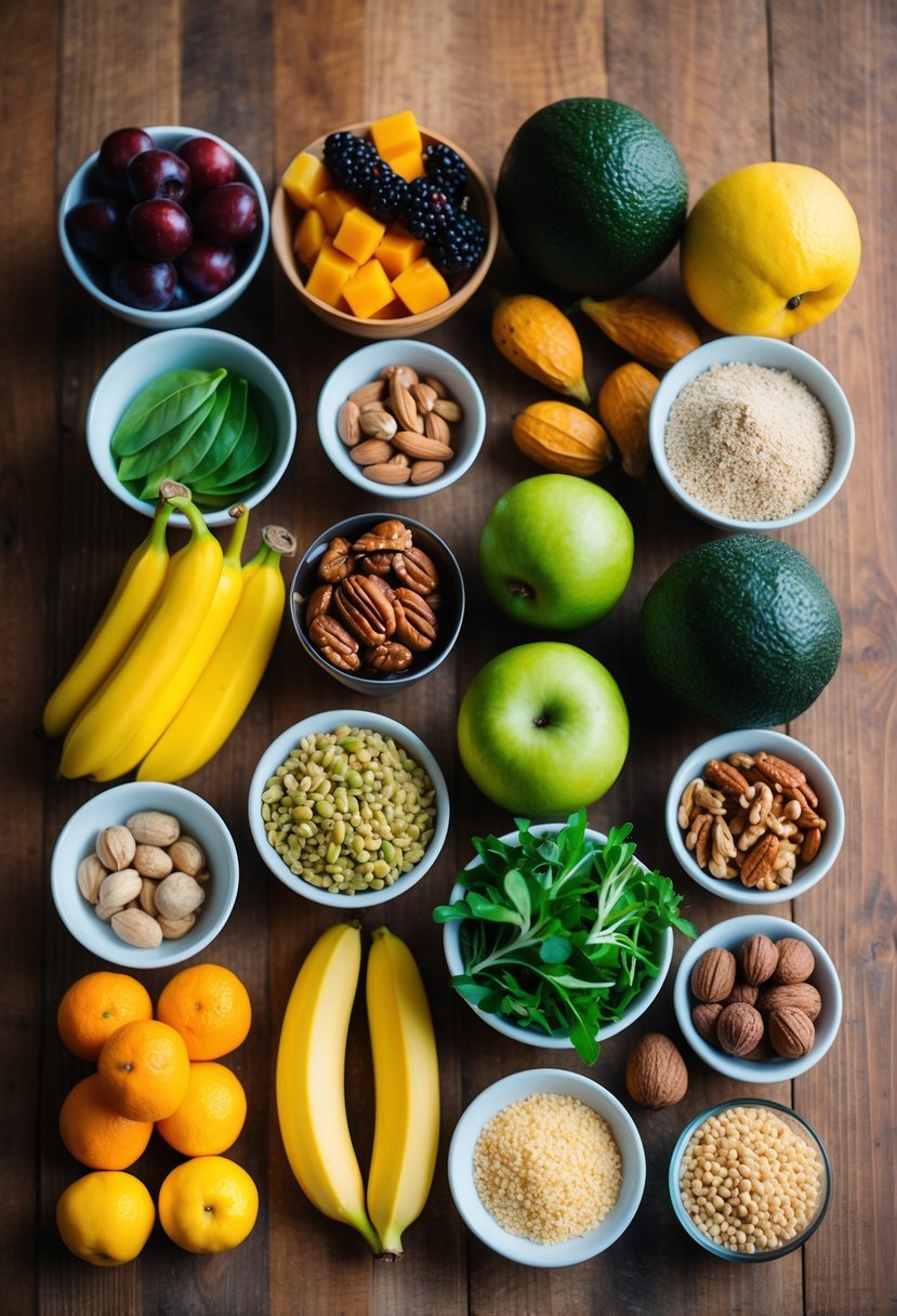 A colorful array of fresh organic ingredients, including fruits, nuts, and grains, arranged neatly on a wooden table