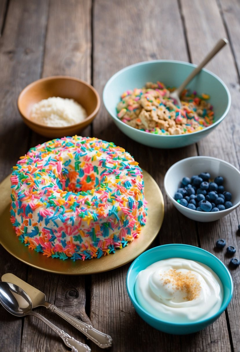 A colorful Funfetti cake sits on a rustic wooden table alongside a bowl of Greek yogurt and a mix of healthy cake ingredients