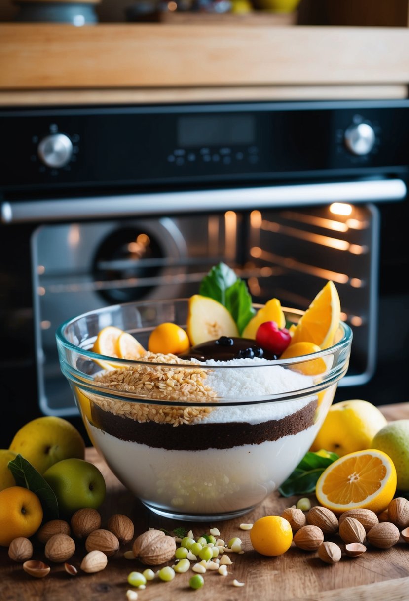 A mixing bowl filled with natural ingredients, surrounded by fresh fruits and nuts, with a chocolate cake baking in the oven