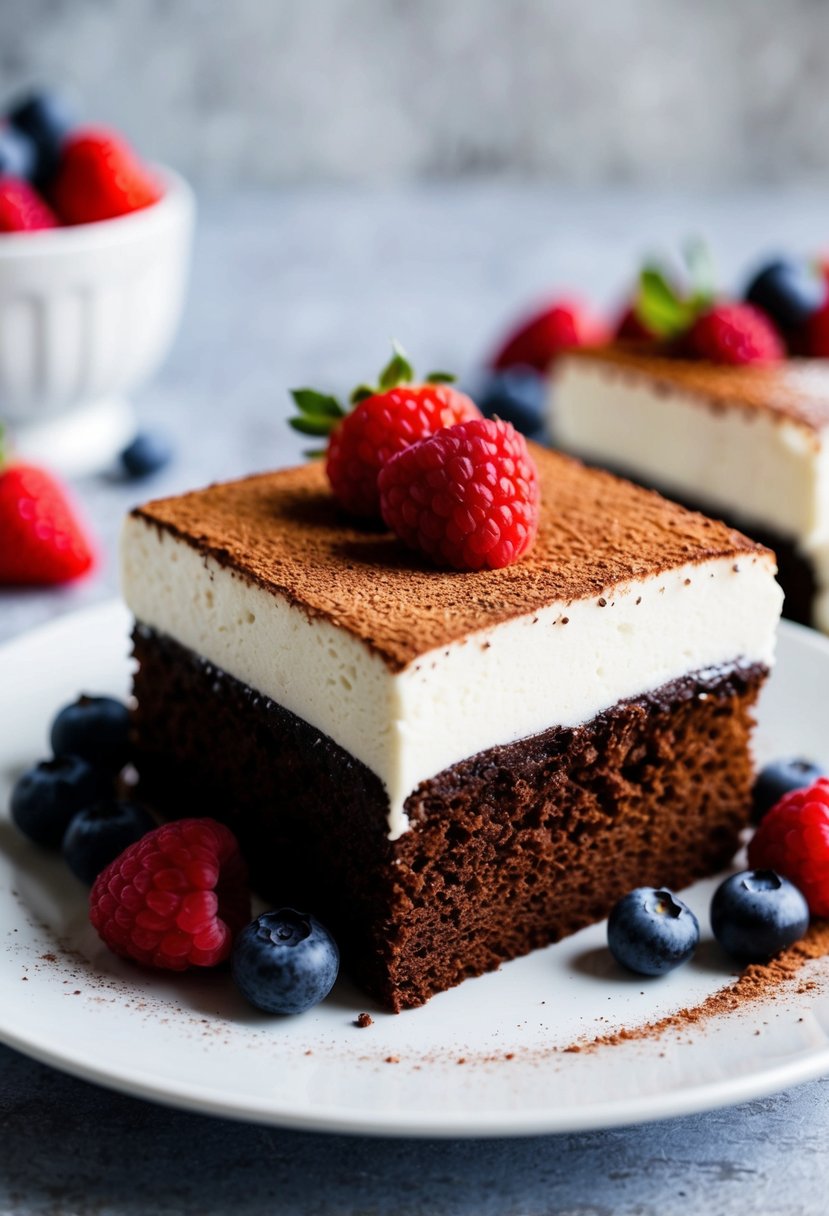 A decadent slice of skinny chocolate cake topped with fluffy frosting, surrounded by fresh berries and a dusting of cocoa powder